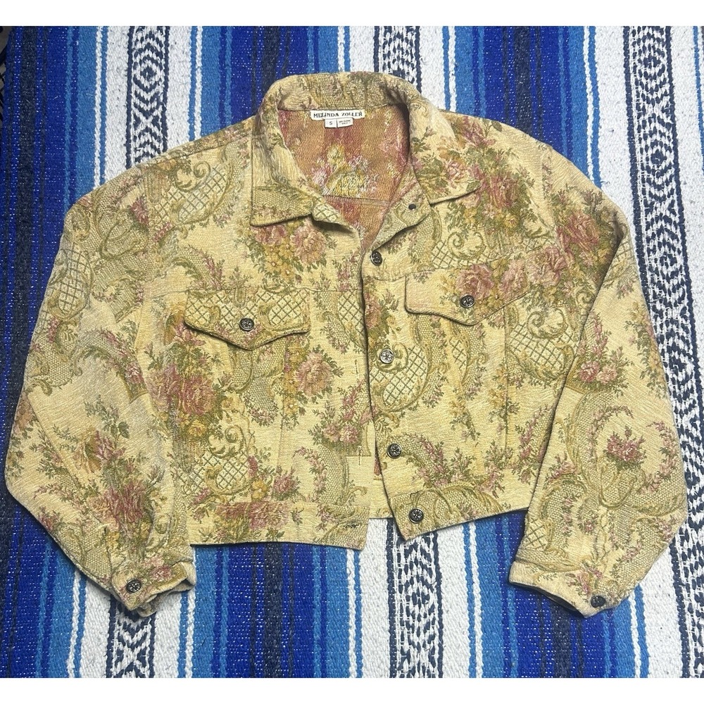 Vintage Melinda Zoller Womens Small Floral Tapestry Cropped Jacket Jacquard Boho